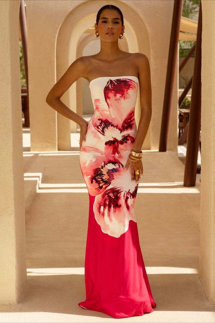 Sexy Bandeau Mermaid Floral Print Maxi Dress Rose Red L