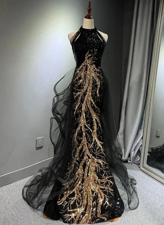 Sexy Mermaid Scoop Neckline Black Sequin Floor Length Prom Dress