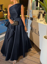 Missacc Dark Navy Evening Dress A Line One Shoulder Sleeveless Satin