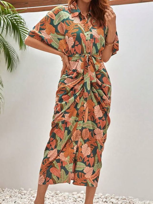 Brand New Tropical Leaf Print Tie-Waist Midi Dress - Green & Orange