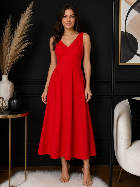 Cynthia Rowley Dress 100% Linen Elegant Cynthia Rowley Red Midi Dress