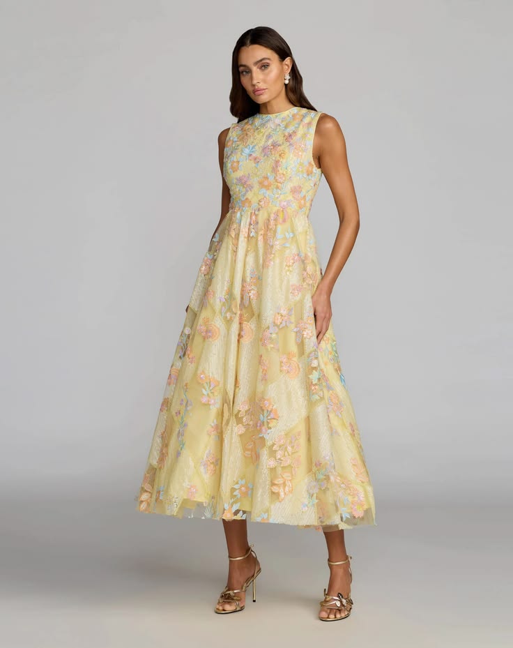 Mac Duggal Yellow Sleeveless Embroidered A Line Midi Dress Yellow