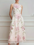 Floral Lace Sleeveless A Line Midi Dress White L(12 14)