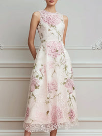 Floral Lace Sleeveless A Line Midi Dress White L(12 14)