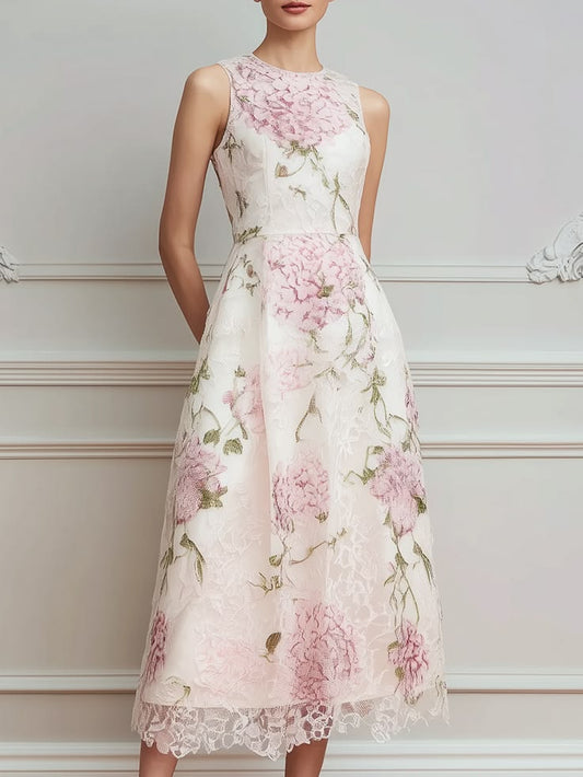 Floral Lace Sleeveless A Line Midi Dress White L(12 14)