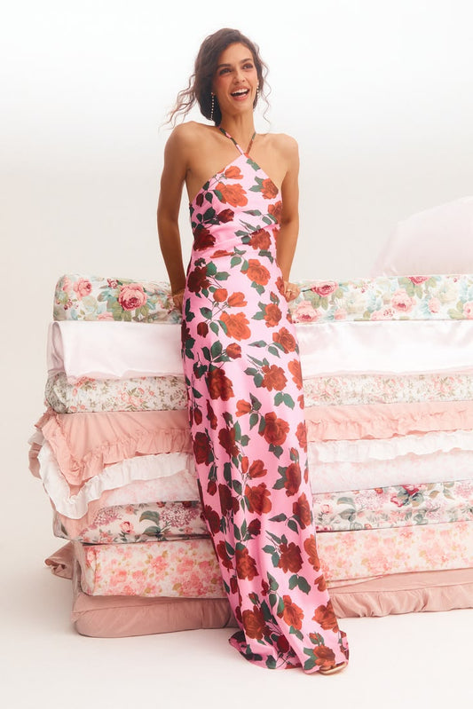 Malito Pink Rose Print Satin Lace Up Maxi Dress