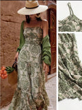 Green Floral Print Tiered Maxi Dress Strappy Summer Dress Color: Cream