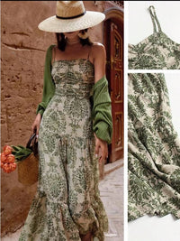 Green Floral Print Tiered Maxi Dress Strappy Summer Dress Color: Cream