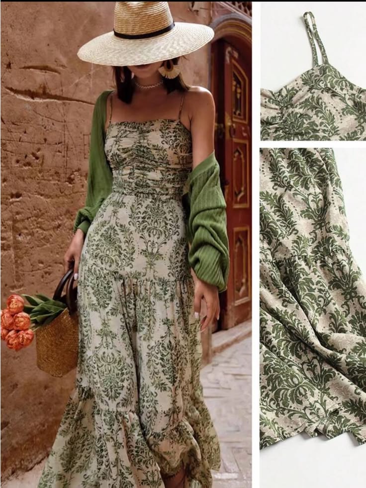 Green Floral Print Tiered Maxi Dress Strappy Summer Dress Color: Cream