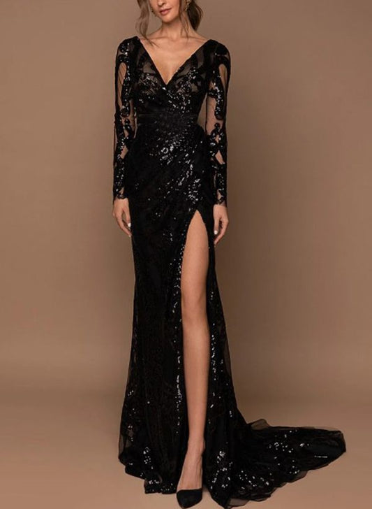 Missacc Black Mother Of The Bride Dress Trumpet Mermaid V Neck Long