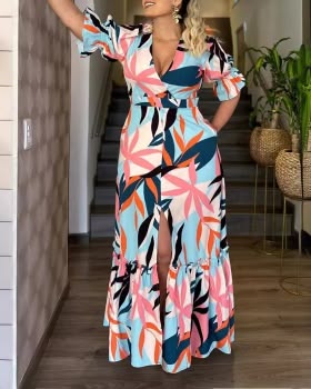Temperament Lotus Leaf Pinched Waist Dress For Women