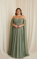 Plus Size Sage Green Off The Shoulder Cape Sleeve A Line Evening Dress