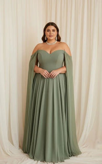 Plus Size Sage Green Off The Shoulder Cape Sleeve A Line Evening Dress