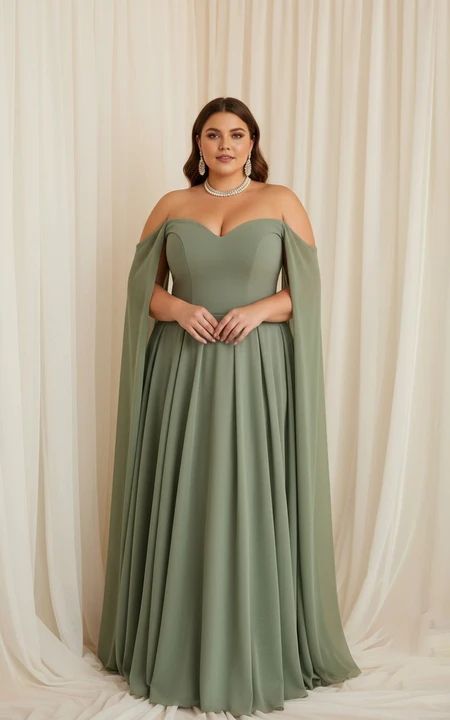 Plus Size Sage Green Off The Shoulder Cape Sleeve A Line Evening Dress