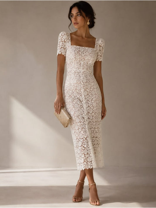 Dress Ivory & Nude Guipure Lace Fitted Midi Dress Size 10 Msrp $530