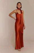 Brooklyn Dress In Burnt Orange Satin Strappy Slip Bridesmaid Dress