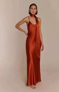 Brooklyn Dress In Burnt Orange Satin Strappy Slip Bridesmaid Dress