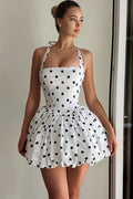 Sexy Polka Dot Halter Backless Mini Dress White S