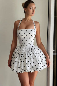 Sexy Polka Dot Halter Backless Mini Dress White S