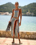 Summer-Blend Linen Striped High Waisted Tie Wrap Midi Skirt