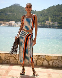 Summer-Blend Linen Striped High Waisted Tie Wrap Midi Skirt