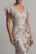 Sparkly Apricot Mermaid Sequin Long Mother Of The Bride Dress With