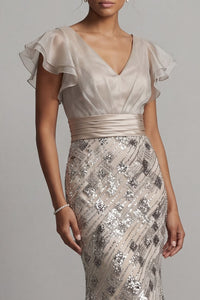 Sparkly Apricot Mermaid Sequin Long Mother Of The Bride Dress With