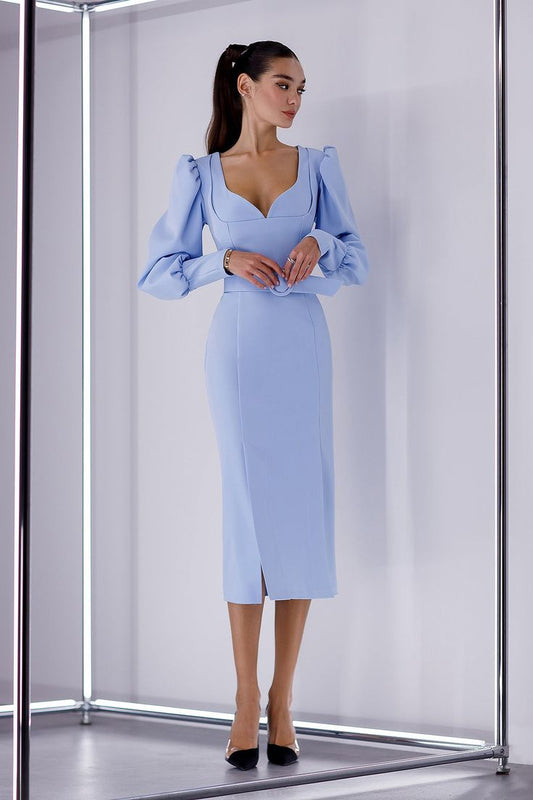 Sky Blue Puff Sleeve Belted Midi Dress