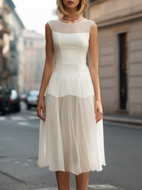 Sheer Yoke Peplum Waist Pleated Midi Dress Ivory