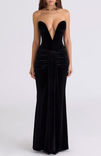 Vienne Deep Plunge Neck Velvet Gown In Black At , Size X Small