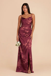 Grey Lydia Sangria Whimsical Blooms Matte Satin Dress
