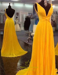 Yellow Sleeveless Criss Cross Front Backless Chiffon Prom Dress