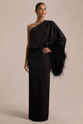 Felicity Black Satin Asymmetric Neck Maxi Dress With Feather Detaili