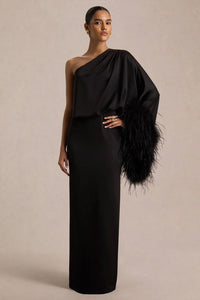 Felicity Black Satin Asymmetric Neck Maxi Dress With Feather Detaili