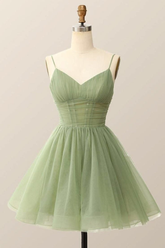Pretty Homecoming Dress Light Green Spaghetti Straps Tulle Cocktail