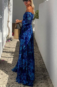 Sybil - Long Dress with Floral Print and Off-Shoulder Sleeves