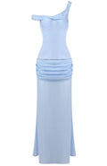 One Shoulder Corset Draped Maxi Dress Blue