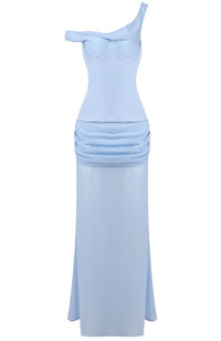 One Shoulder Corset Draped Maxi Dress Blue