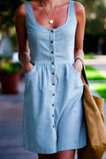 Margovil Buttons U Neck Sleeveless Striped Dress With Pockets