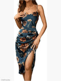 Floral Print Cowl Neck Sleeveless Ruched Split Thigh Satin Cami Summer