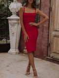 Dress Elegant Red Midi Spaghetti Strap Dress Color: Red Size: 6