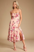 Tea Party Chic Pink Floral Print Tie Strap Tiered Midi Dress