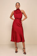 Distinctive Charm Burgundy Satin Asymmetrical Midi Dress