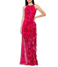 Betsy & Adam Square Neck Short Beaded Sleeve Open Back Gown Dillard's