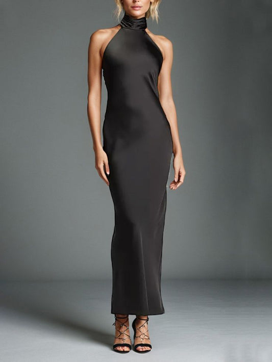 Black Backless Prom Dress Halter Sheath Column Open Back Ankle Length