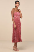 Perfectly Stunning Rusty Rose Jacquard Strapless Midi Dress