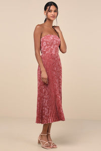 Perfectly Stunning Rusty Rose Jacquard Strapless Midi Dress