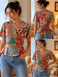 Dress Forum Tops Dress Forum Bright Floral Wrap Blouse In Green, Pink,