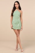 Madelia Green Striped Halter Mini Dress