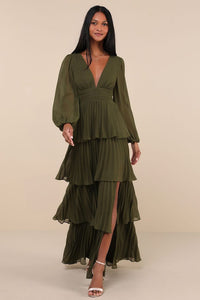 Graceful Finesse Olive Green Pleated Long Sleeve Maxi Dress